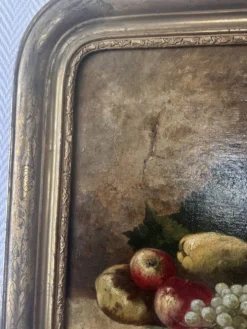 Nature morte aux fruits du XIXe siècle, huile sur toile et cadre doré à la feuille