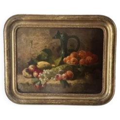 Nature morte aux fruits du XIXe siècle, huile sur toile et cadre doré à la feuille