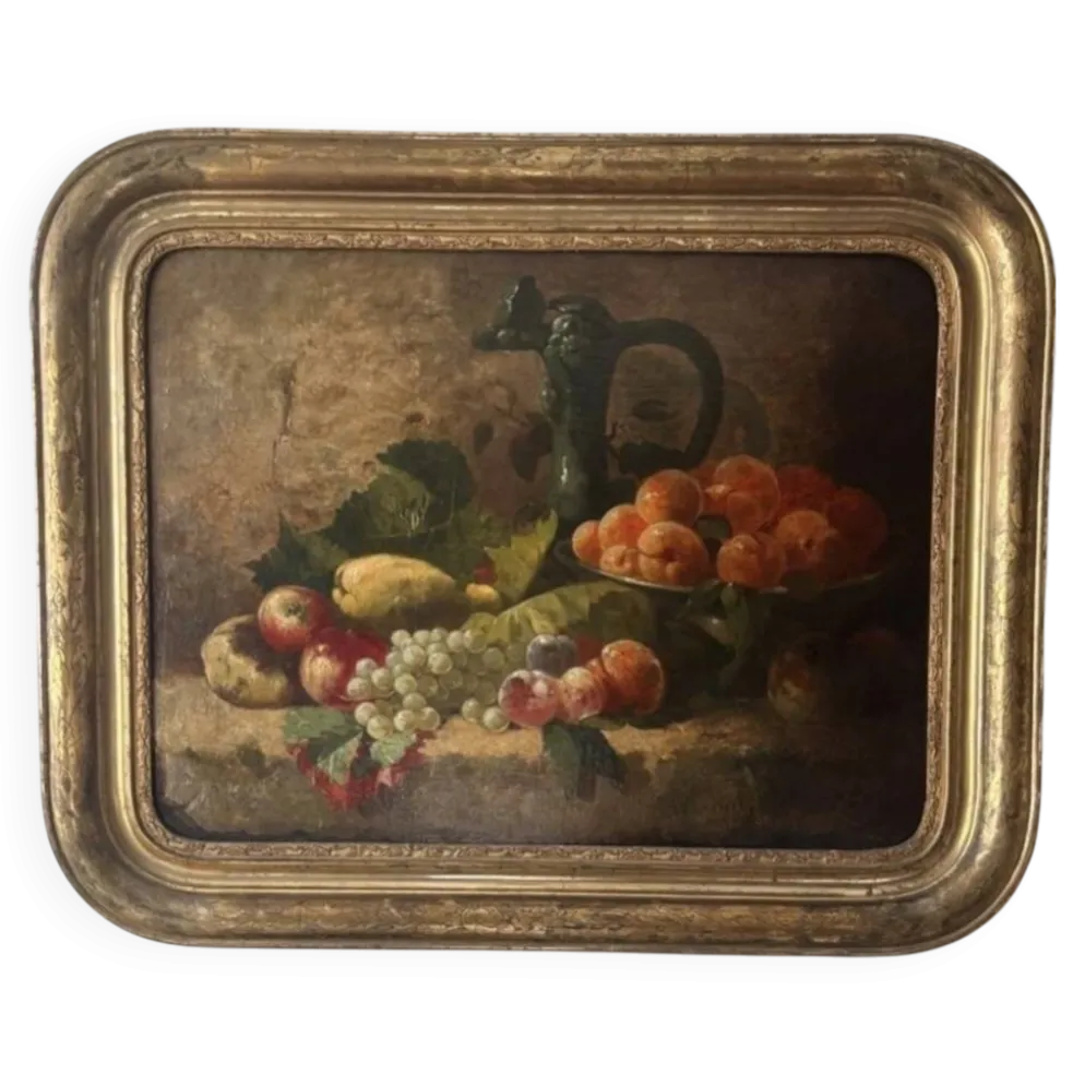 Nature morte aux fruits du XIXe siècle, huile sur toile et cadre doré à la feuille