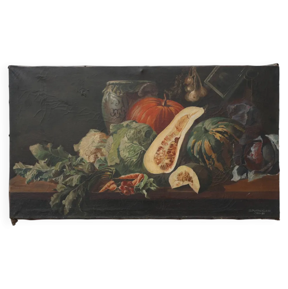 Nature morte avec des légumes et de la poterie par A. Platteau, Belgique, 1935–1936