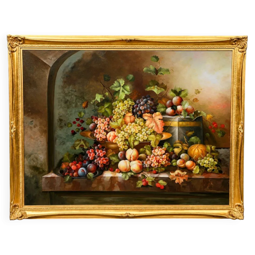 Nature morte avec fruits. Huile sur toile. Signé.
