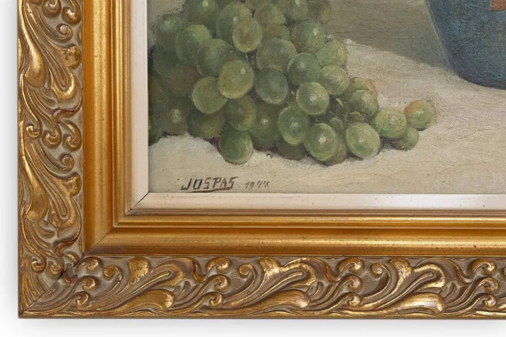 Nature morte belge par Jos Pas, 1944 — Fleurs et raisins dans un vase