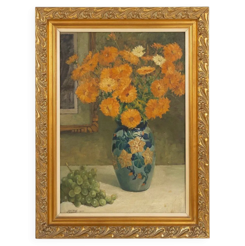 Nature morte belge par Jos Pas, 1944 — Fleurs et raisins dans un vase