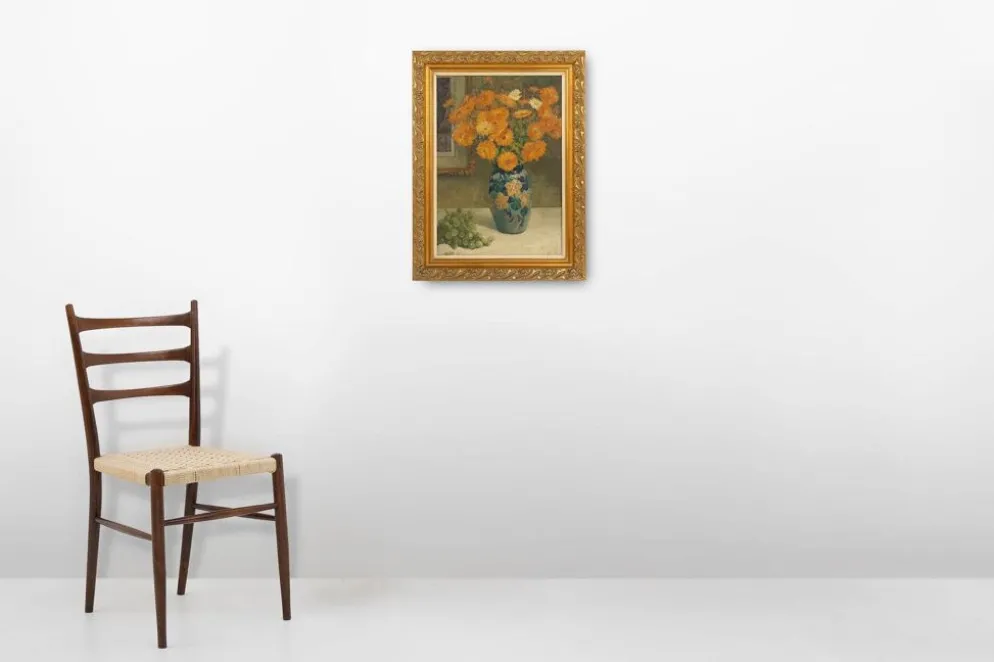 Nature morte belge par Jos Pas, 1944 — Fleurs et raisins dans un vase