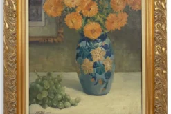 Nature morte belge par Jos Pas, 1944 — Fleurs et raisins dans un vase