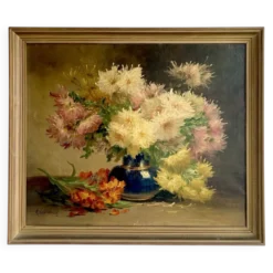 Nature morte florale signée Edmond Van Coppenolle, huile sur toile XIX