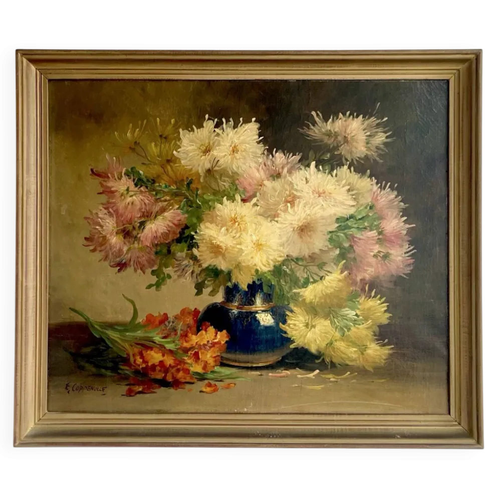 Nature morte florale signée Edmond Van Coppenolle, huile sur toile XIX