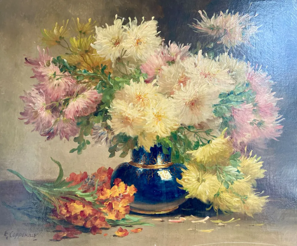 Nature morte florale signée Edmond Van Coppenolle, huile sur toile XIX