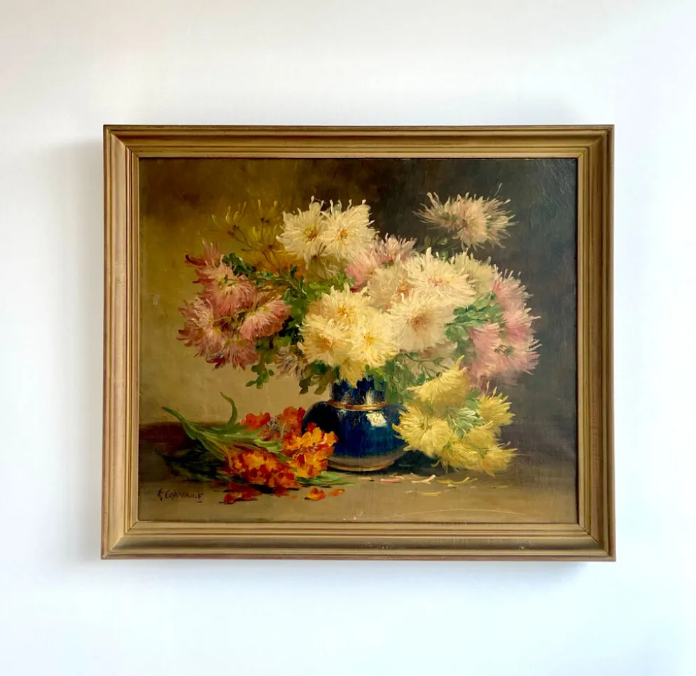 Nature morte florale signée Edmond Van Coppenolle, huile sur toile XIX