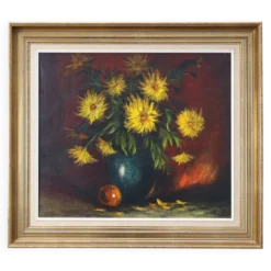 Nature morte impressionniste avec des fleurs jaunes par A. de Man, Belgique, années 1960.