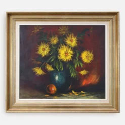 Nature morte impressionniste avec des fleurs jaunes par A. de Man, Belgique, années 1960.