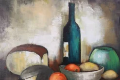 Nature morte impressionniste avec bouteille et fruits par A. de Man, Belgique, années 1960.