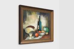 Nature morte impressionniste avec bouteille et fruits par A. de Man, Belgique, années 1960.