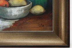 Nature morte impressionniste avec bouteille et fruits par A. de Man, Belgique, années 1960.