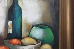 Nature morte impressionniste avec bouteille et fruits par A. de Man, Belgique, années 1960.