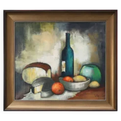 Nature morte impressionniste avec bouteille et fruits par A. de Man, Belgique, années 1960.