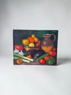Nature morte « Le retour du marché » – Signée et datée 1977