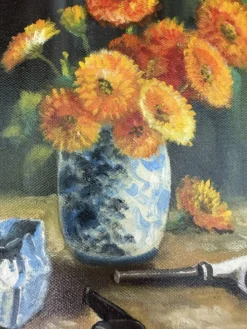 Nature morte vintage aux fleurs et pipes – Huile sur toile signée C. Riella