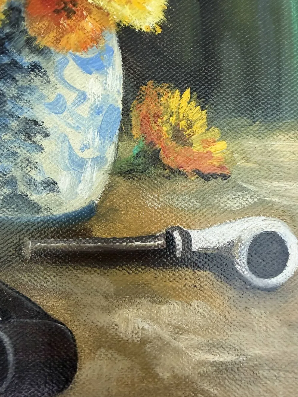 Nature morte vintage aux fleurs et pipes – Huile sur toile signée C. Riella