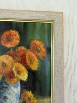 Nature morte vintage aux fleurs et pipes – Huile sur toile signée C. Riella