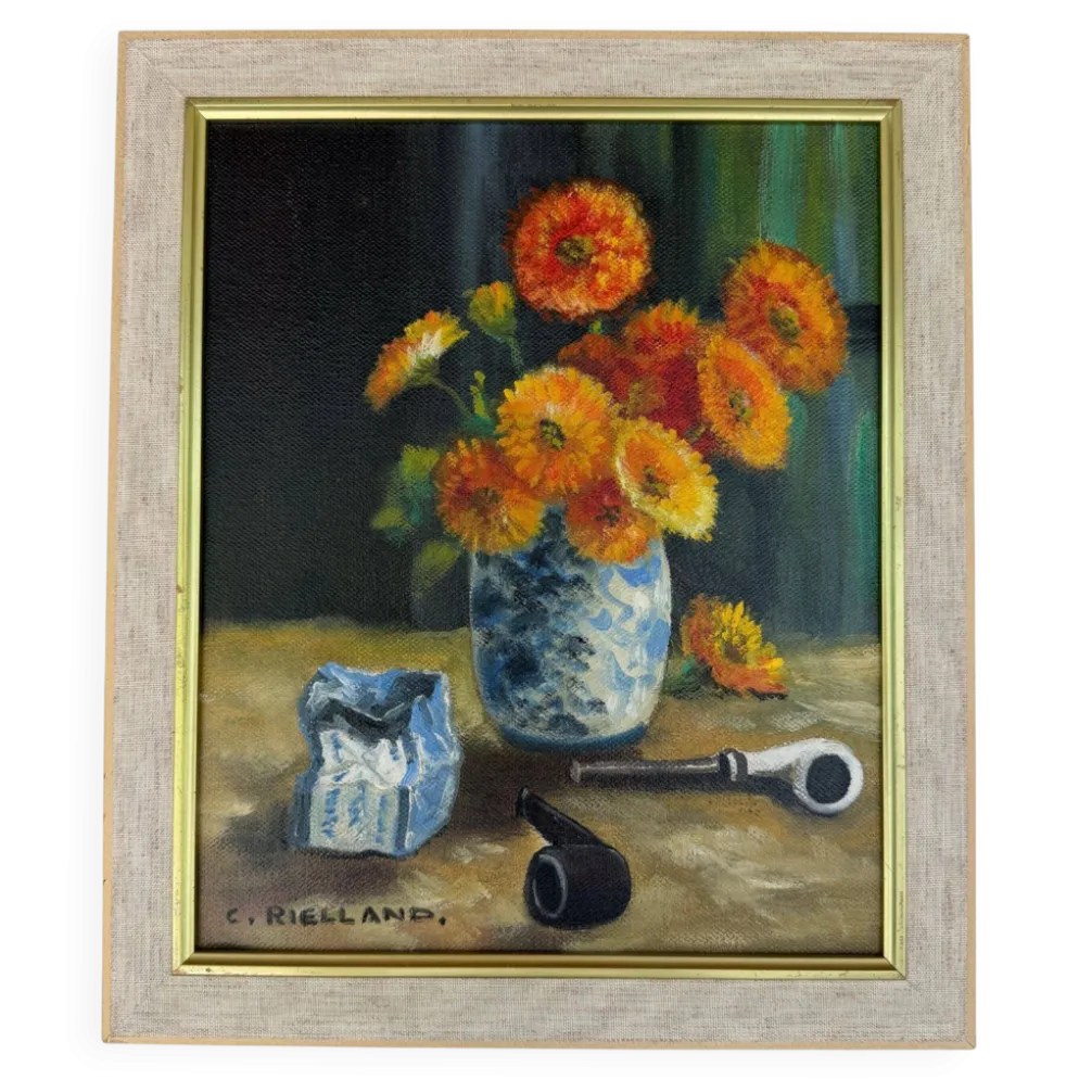 Nature morte vintage aux fleurs et pipes – Huile sur toile signée C. Riella