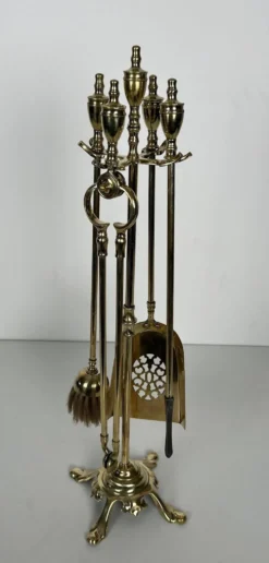 Nécessaire de Feu de Style Néoclassique en Laiton Poli à Outils à Anneaux
