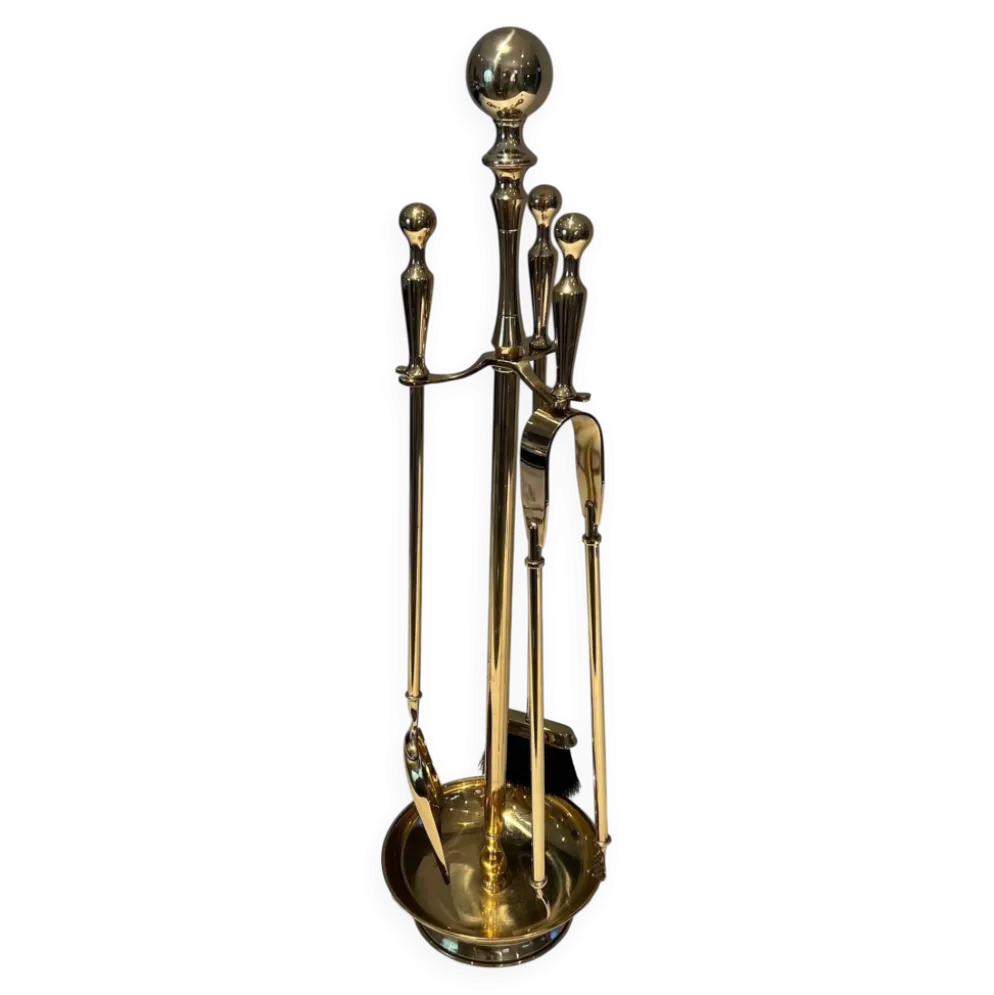 Nécessaire de Feu Néoclassique en Laiton Poli sur Support Columnaire à Base