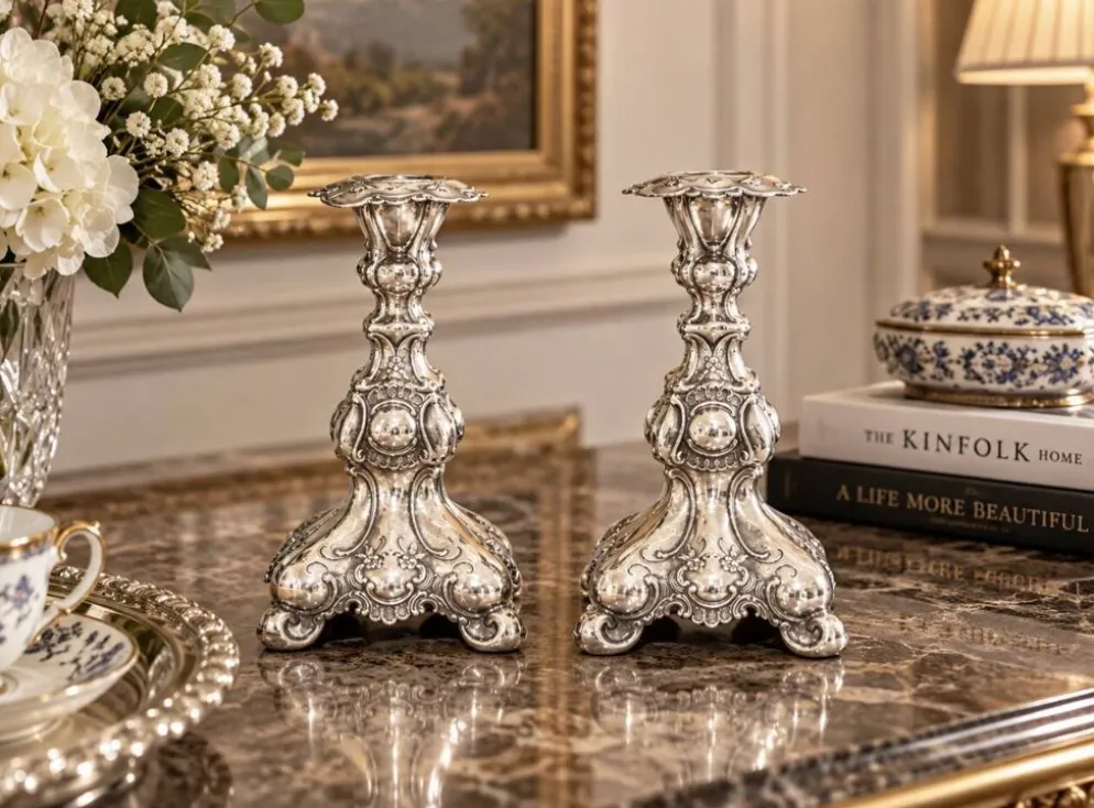 Paire antique de bougeoirs en argent style rococo, candélabres des années 1900, décoration intérieure.