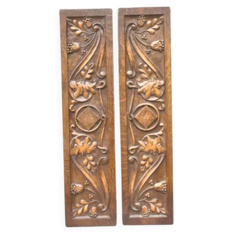 Paire antique de panneaux en chêne massif sculptures de tête de l'homme vert figure mythologique 62 cm décor de maison châteaucore récupération architecturale