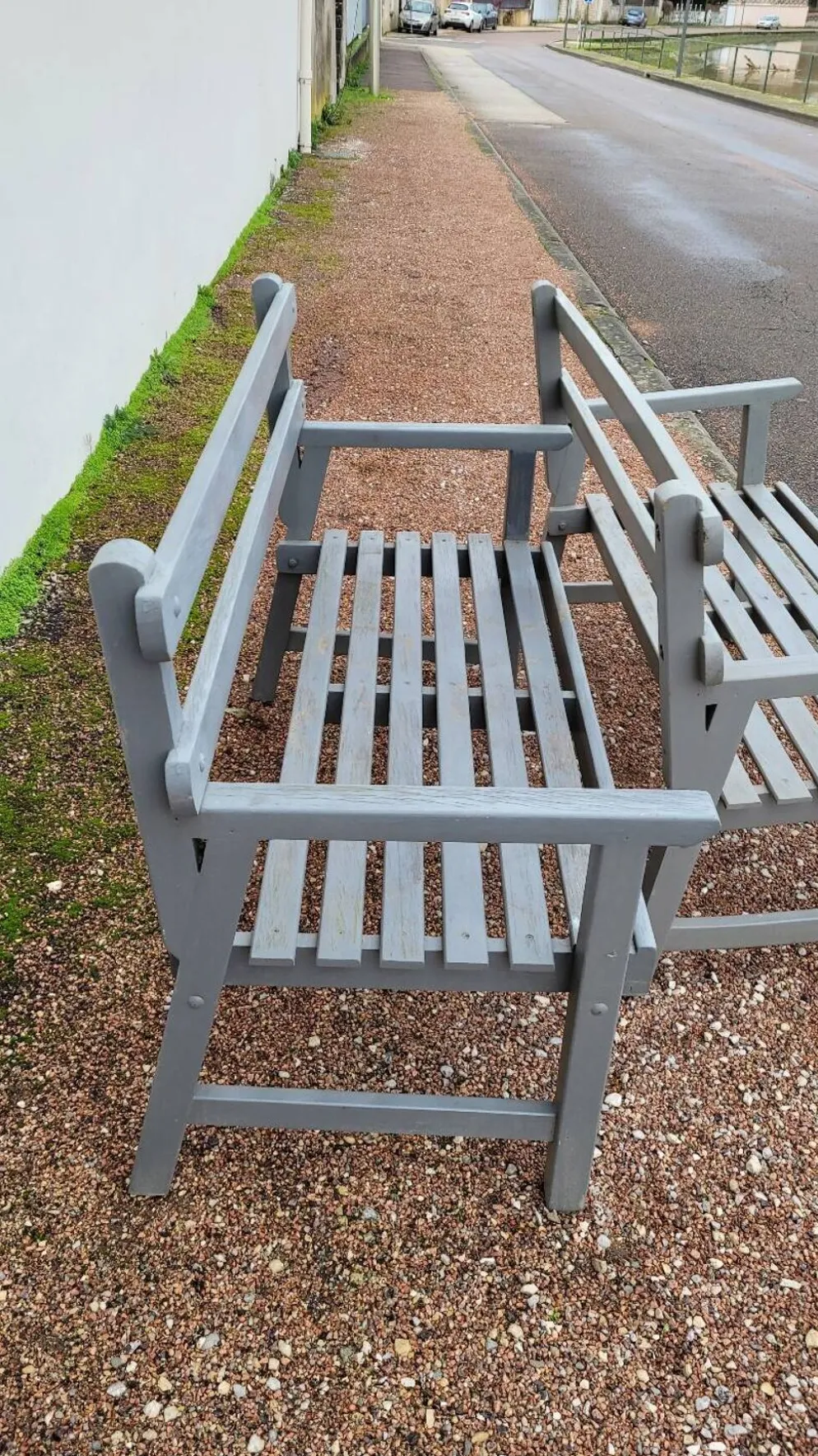 Paire de bancs de jardin parc en bois fabrication ancienne