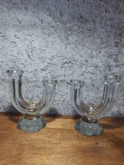 Paire de bougeoirs doubles Art Déco verre pressé moulé 1930