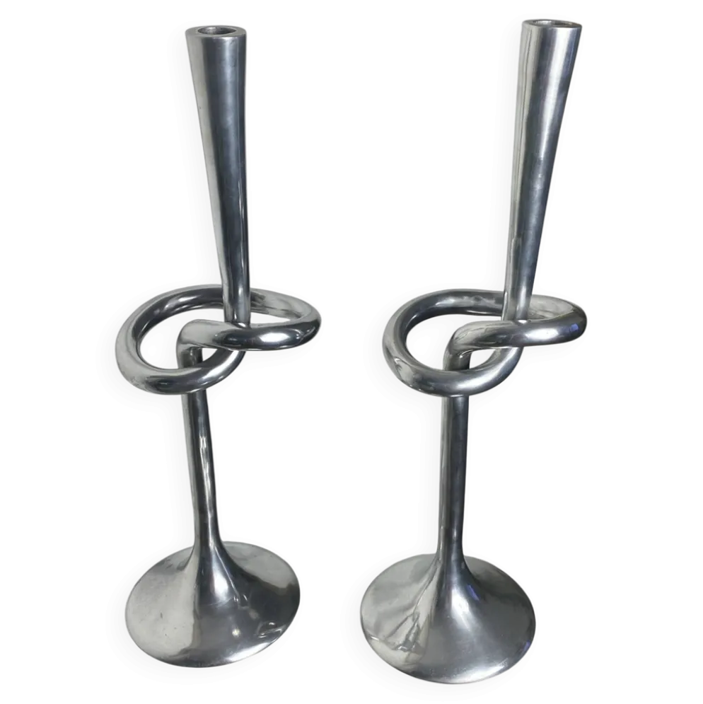 Paire de bougeoirs noeud en aluminium, Italie, 1970