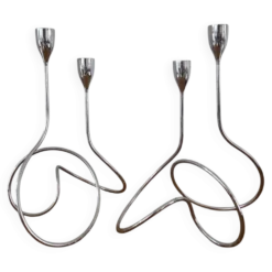 Paire de bougeoirs vintage en métal chromé