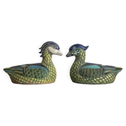 Paire de canard en céramique émaillée vintage, poterie