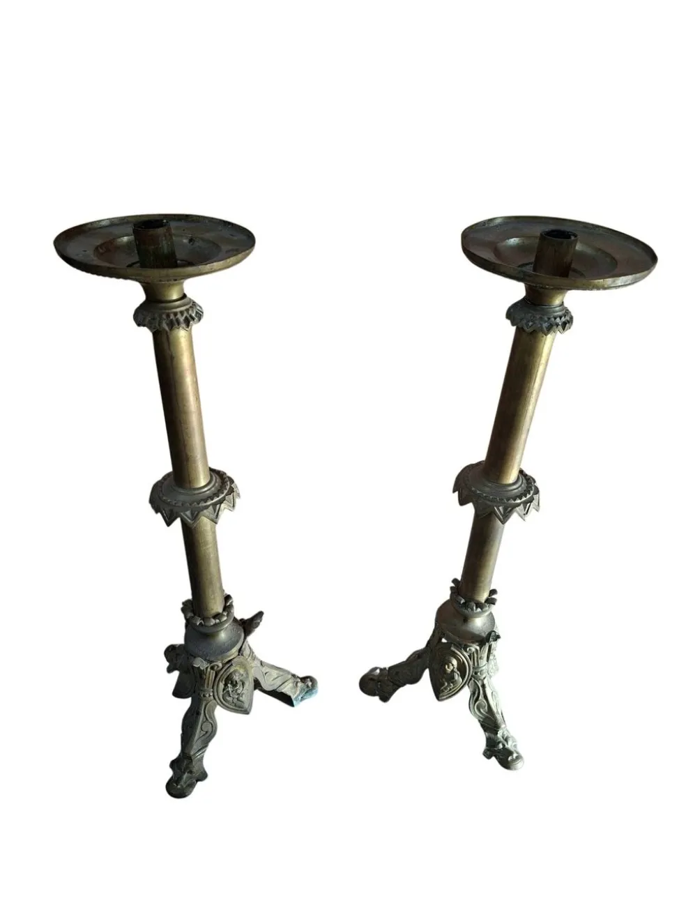 Paire de candélabres d'autel anciens en BRONZE style néogothique H 60 cm
