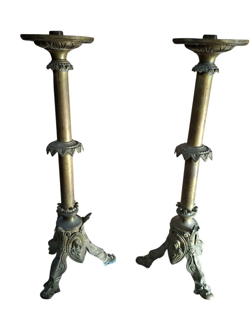 Paire de candélabres d'autel anciens en BRONZE style néogothique H 60 cm