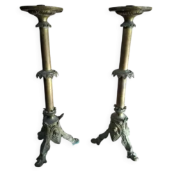 Paire de candélabres d'autel anciens en BRONZE style néogothique H 60 cm