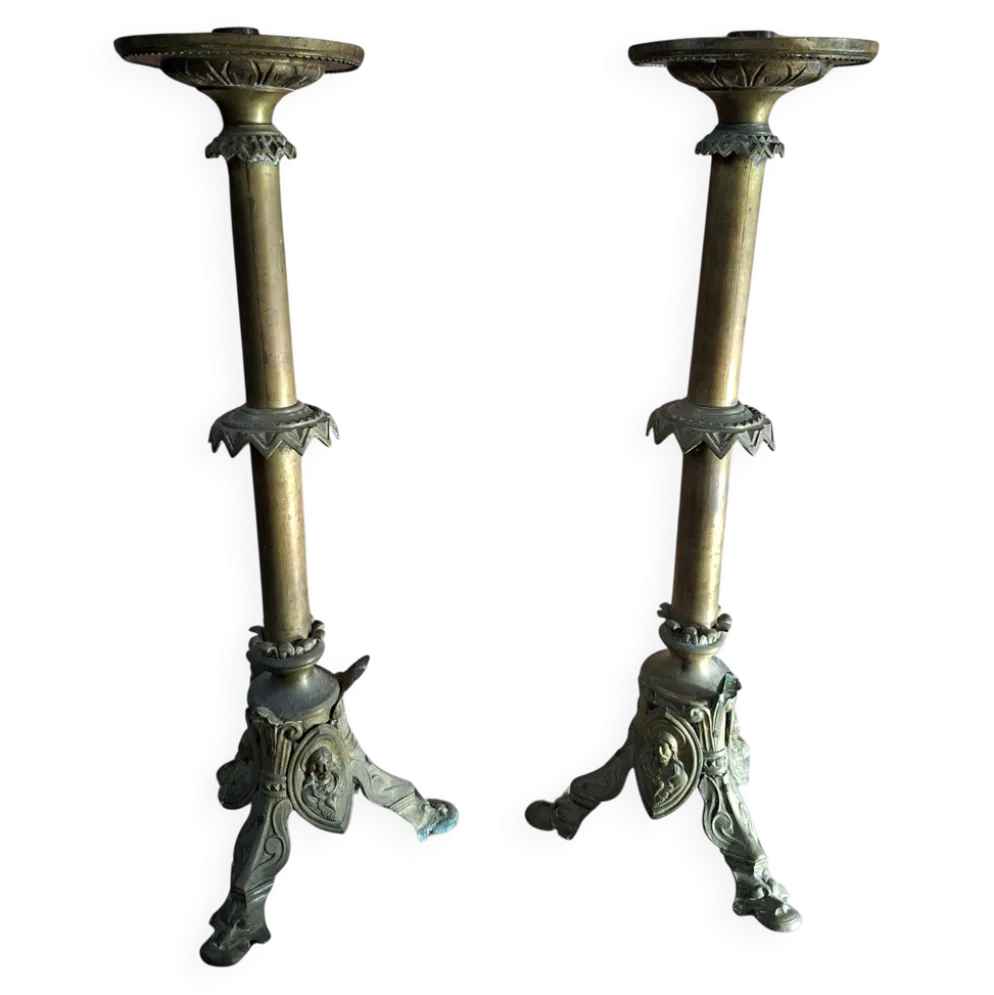 Paire de candélabres d'autel anciens en BRONZE style néogothique H 60 cm