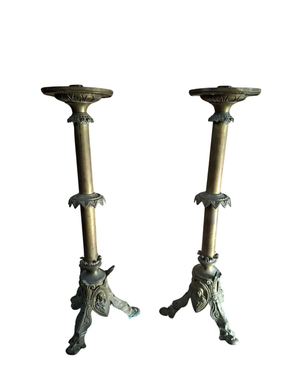Paire de candélabres d'autel anciens en BRONZE style néogothique H 60 cm