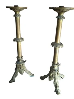 Paire de candélabres d'autel anciens en BRONZE style néogothique H 60 cm