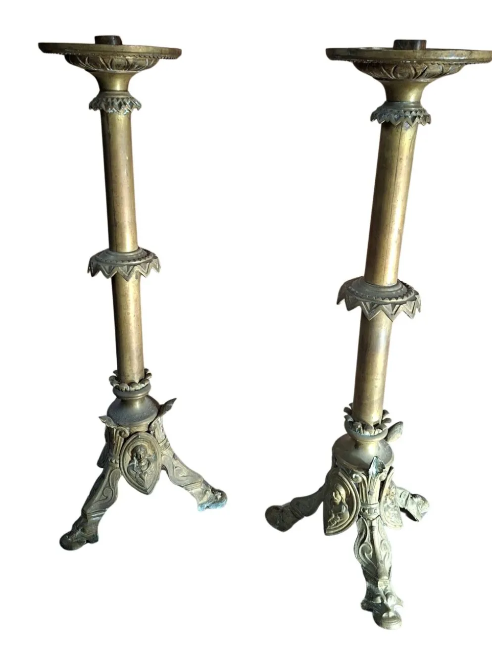 Paire de candélabres d'autel anciens en BRONZE style néogothique H 60 cm