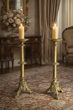 Paire de candélabres d'autel anciens en BRONZE style néogothique H 60 cm