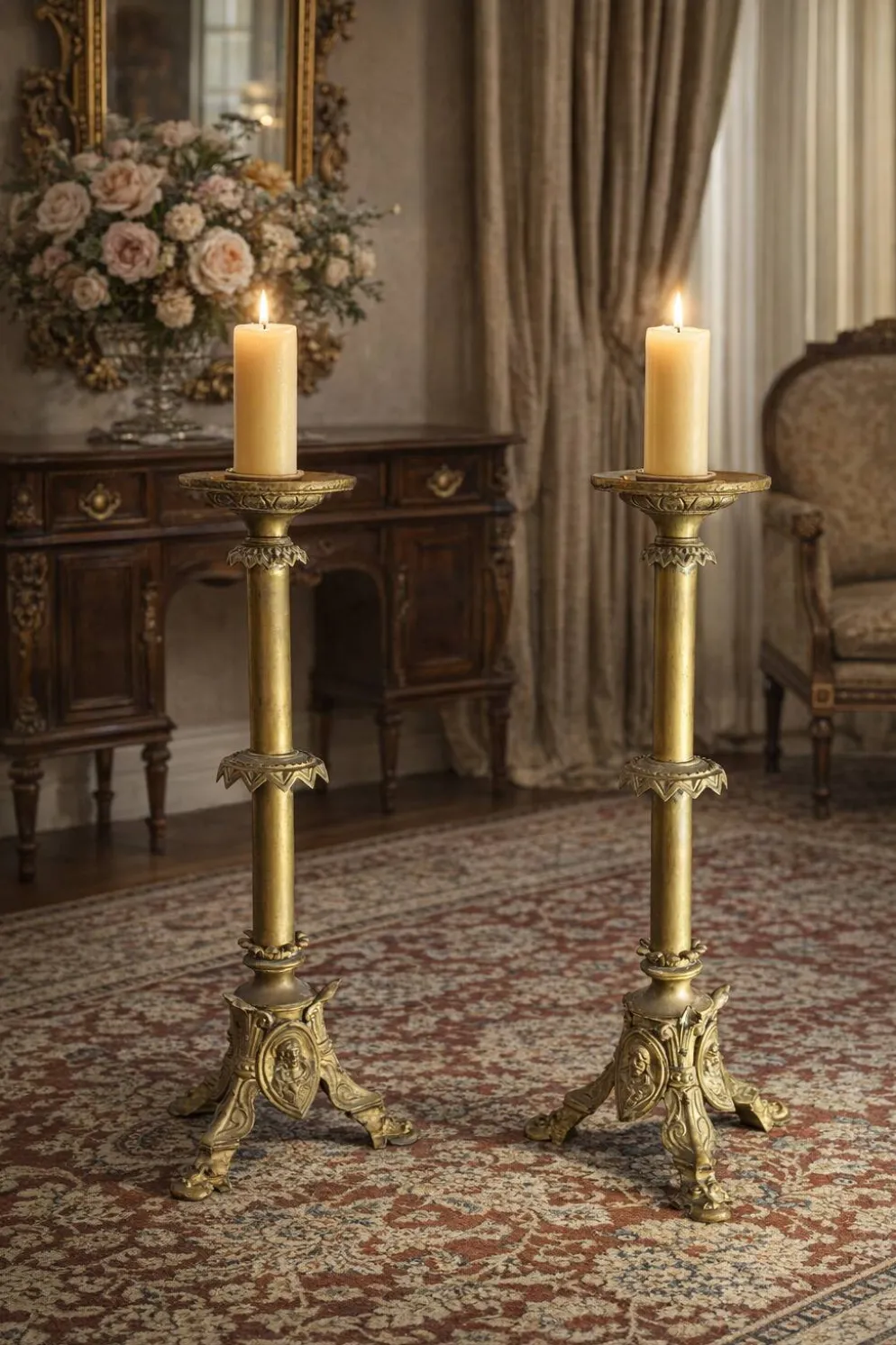 Paire de candélabres d'autel anciens en BRONZE style néogothique H 60 cm