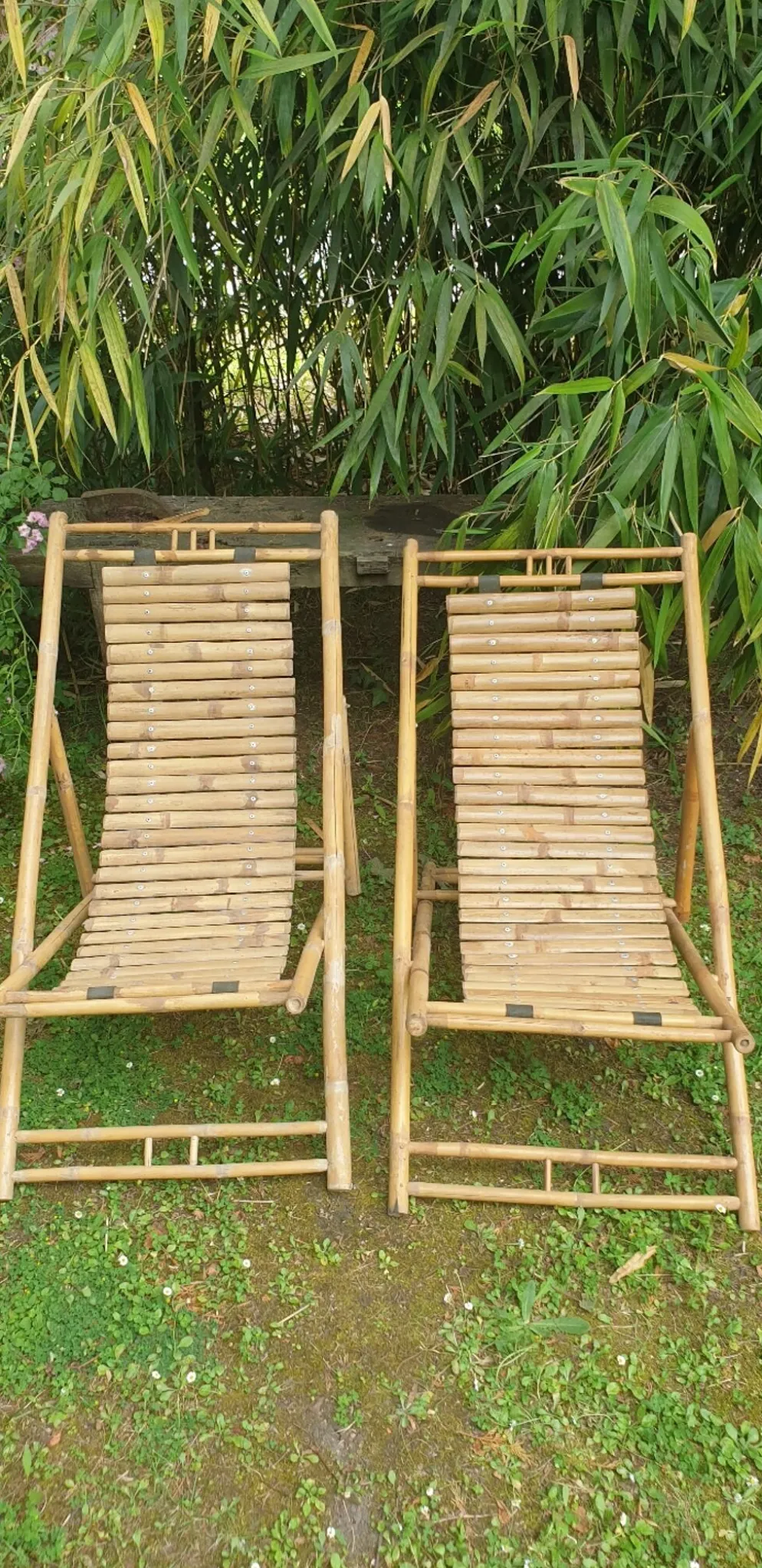 Paire de chaises longues en bambou, transats