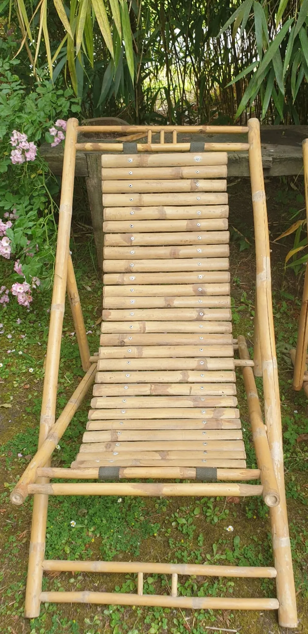 Paire de chaises longues en bambou, transats