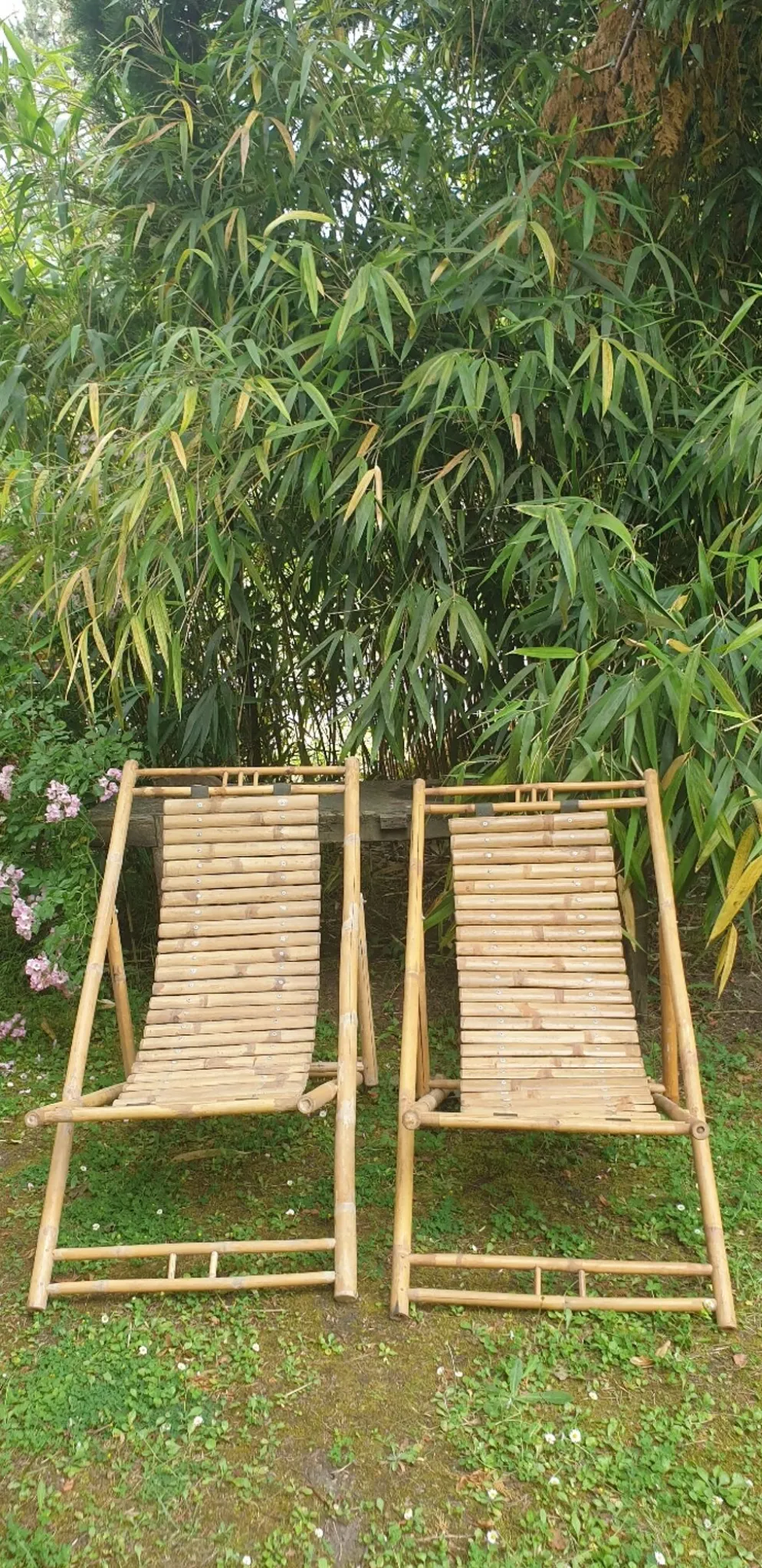 Paire de chaises longues en bambou, transats