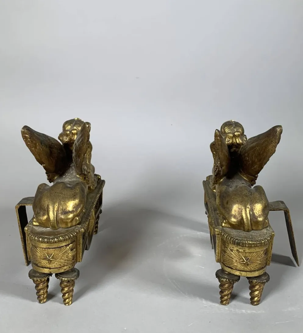 Paire De Chenets Aux Sphinges d'époque Directoire XVIIIème Siècle Attribué