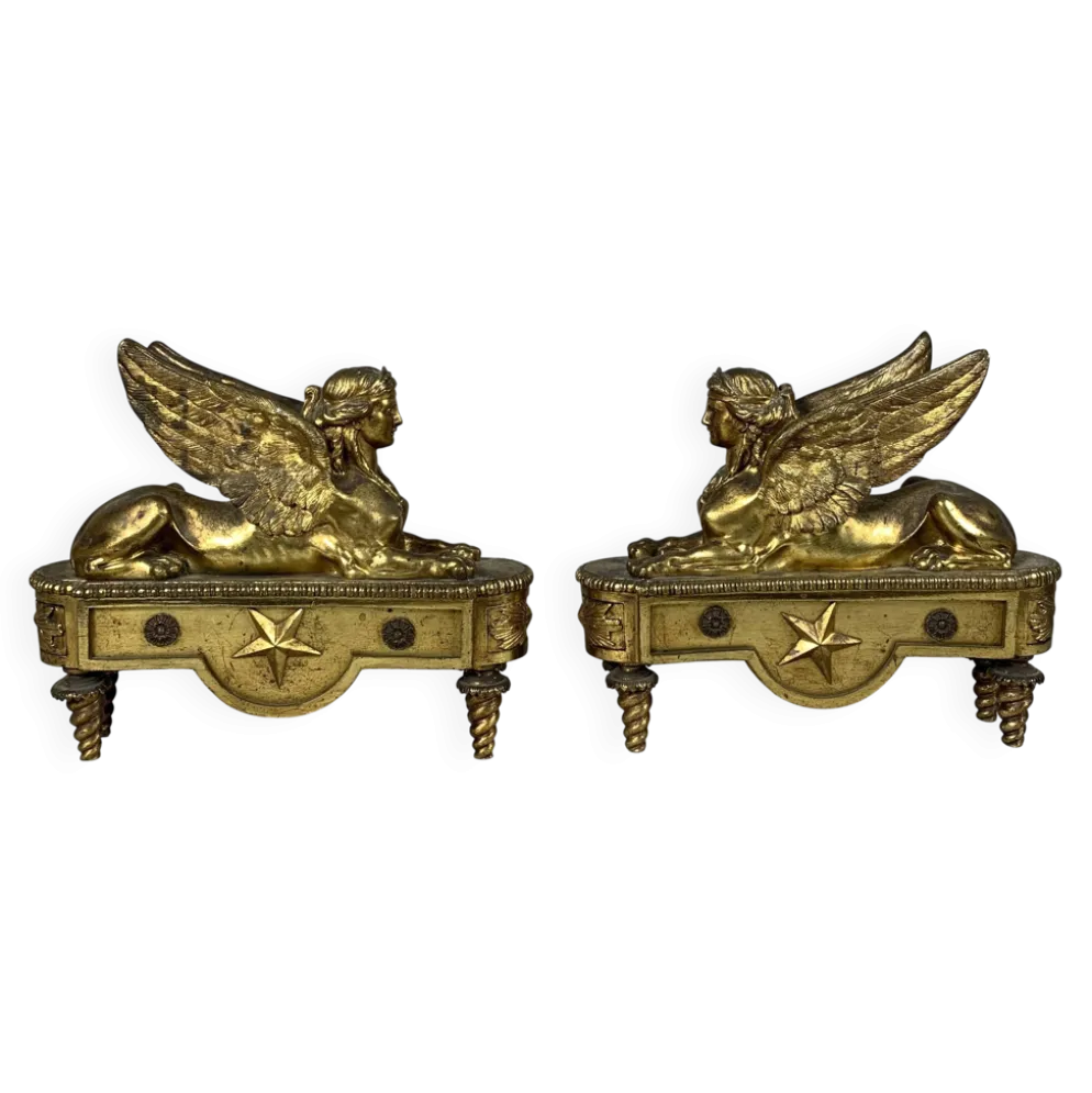 Paire De Chenets Aux Sphinges d'époque Directoire XVIIIème Siècle Attribué