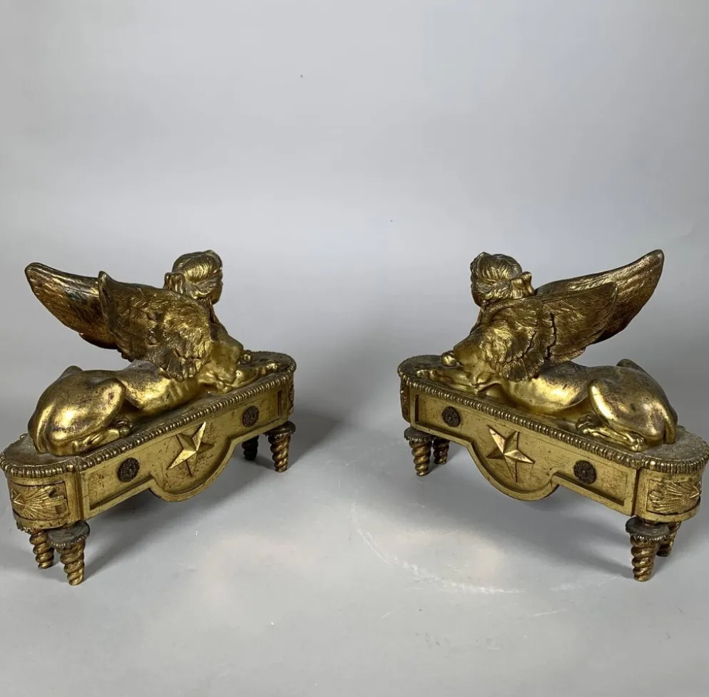 Paire De Chenets Aux Sphinges d'époque Directoire XVIIIème Siècle Attribué