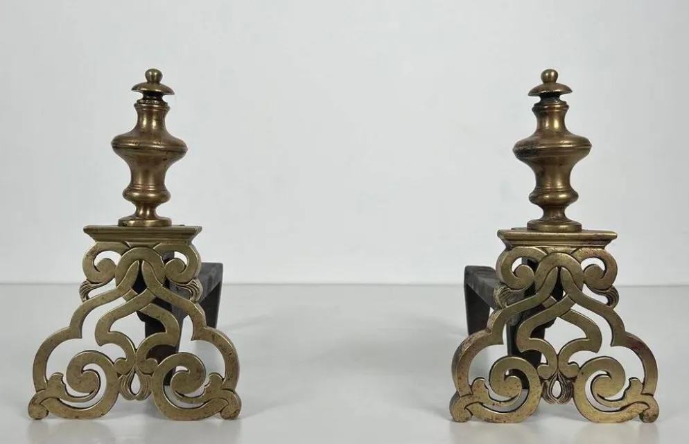 Paire de Chenets en Bronze Ciselé et Fer Forgé de Style Louis XV